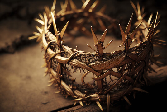 Crown of thorns on golden light background, generative ai