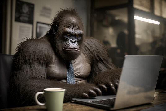 Angry serious gorilla  working with laptop in office. Generative AI
