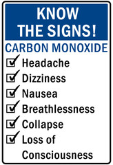 Carbon monoxide sign and labels the signs of carbon monoxide poisoning