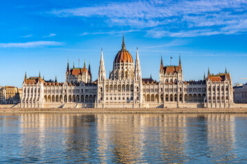 Hungarian parliament in Budapest. View from the banks of the Danube river. One of the most beautiful buildings in the Hungary.