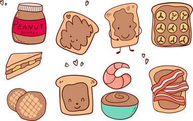 National Peanut Butter Lover's Day icons in doodle cartoon style - vector illustration. Glass jar, toast, cookies, sandwich with banana, sauce with shrimp, toast with bacon.