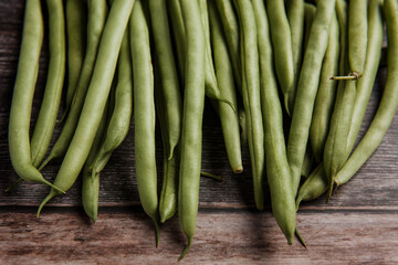 bunch of Fresh green beans at wooden table in Mexico Latin America