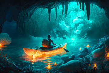 A person kayaking in a futuristic man made lagoon filled with bioluminescent sea creatures - Generative AI - obrazy, fototapety, plakaty