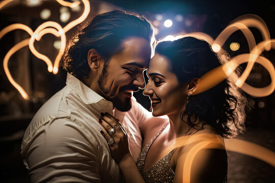 Pareja latina enamorada festejando el d&iacute;a de San Valent&iacute;n, D&iacute;a del amor y la amistad, 14 de febrero, ilustraci&oacute;n hecha con inteligencia artificial, arte generativo, AI, IA