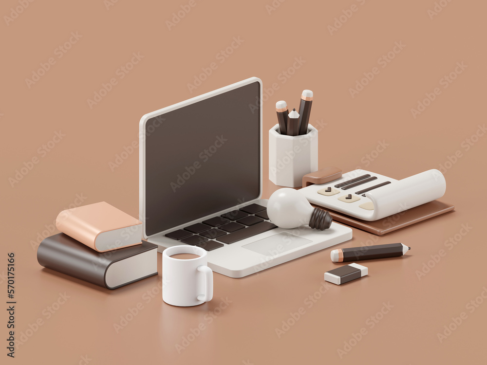 Poster 3d rendering of desk with laptop and office accessories.