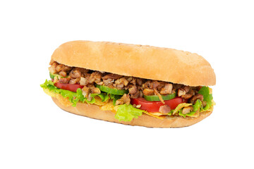 isolated Baguette sandwich with beef, vegetables and chips