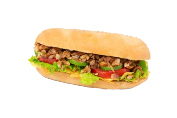Tuinposter isolated Baguette sandwich with beef, vegetables and chips © Ritk