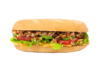 isolated Baguette sandwich with beef, vegetables and chips