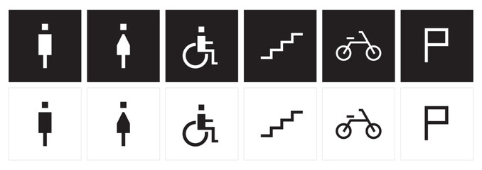 Male and female toilet symbols. disabled icon. gender icon. restroom pictogram. Stiar, bicycle, and parking signage. Public space icons and symbols. 
