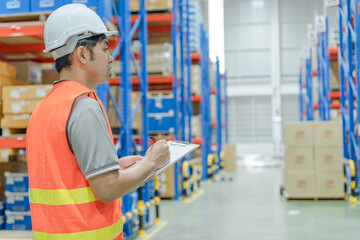 asian man business owner using checklist recheck amount of stock product inventory on shelf at distribution warehouse factory.logistic business ship and delivery, inventory flow, professional.