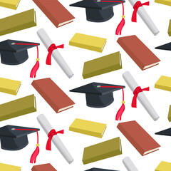 A pattern of graduation hats, high school or college graduation diplomas, and books. Class 2023 in different colors. Congratulations to the graduates of 2023 background postcard. Packaging