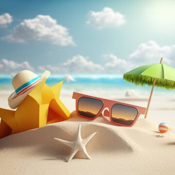 Summer tropical beach 3d concept cute colorful background. Generative ai.