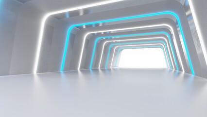 Naklejka premium Futuristic interior background lamps glowing in gray tunnel 3d render
