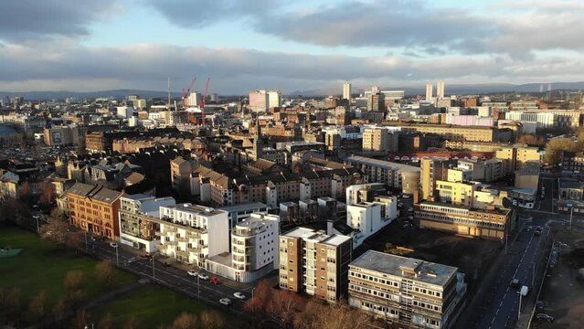 fly out shot showing Glasgow city in Scotland. 10.01.23