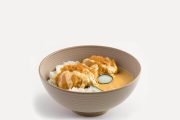 Enjoy the Elegance of a Minimalist Katsudon Bowl in a White Setting Generative AI