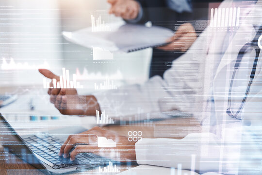 Teamwork, research overlay or doctors on laptop for medical review, data analysis or analytics feedback in hospital. Futuristic, paper or healthcare worker on tech for planning medicine strategy idea - Powered by Adobe