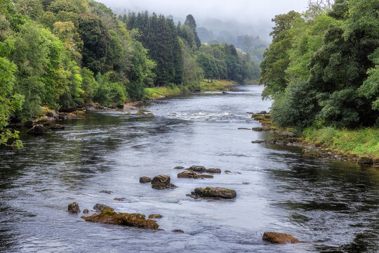 River Tay on foggy morning, Strathtay, Scotland, United Kingdom