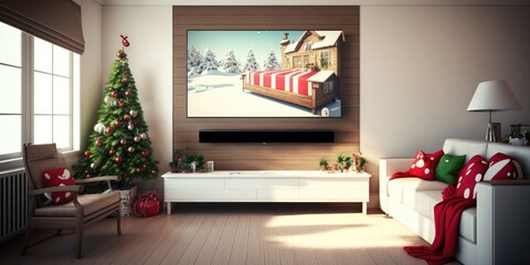 Plasma TV on white wooden wall in living room beautifully decorated for Christmas. Generative AI