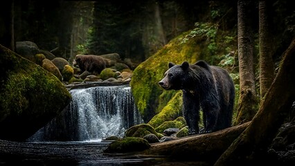 Black bear by a mountain stream. Green forest. - obrazy, fototapety, plakaty