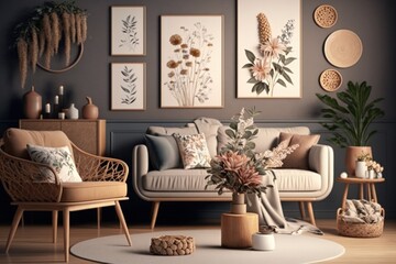 Stylish interior with design neutral modular sofa, mock up poster frames, rattan armchair, coffee tables, dried flowers in vase, decoration and elegant personal accessories in modern home decor
