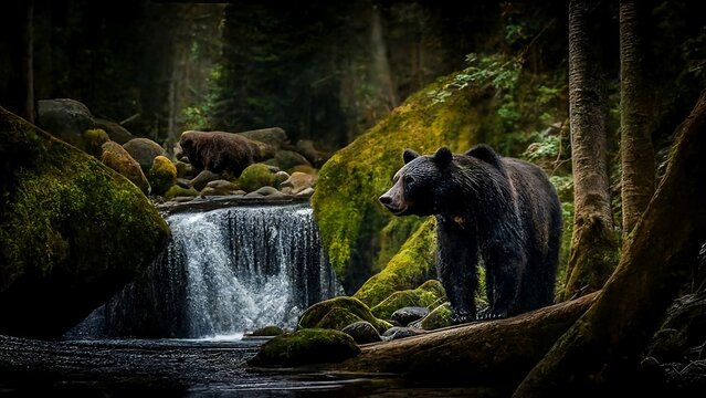 Black bear by a mountain stream. Green forest.