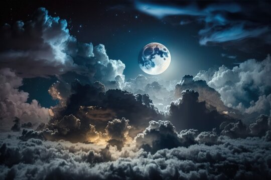 a moonlit night sky with clouds. Generative AI