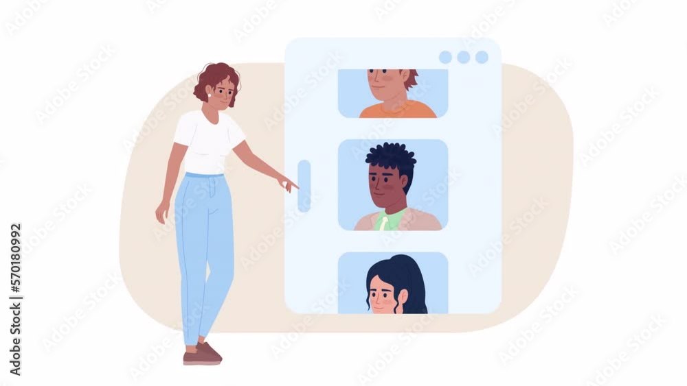 Poster animated building customer base. finding clients. woman scrolling feed 2d cartoon flat character 4k 