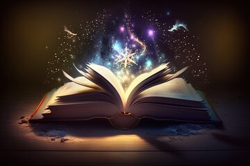 Magic book of fairy tales with open pages, magical shining starlight. AI