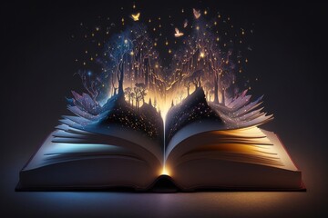 Magic book of fairy tales with open pages, magical shining starlight. AI