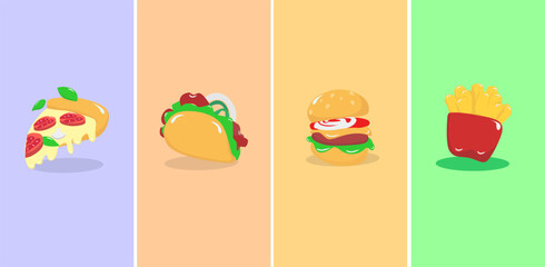 Fototapeta premium Fast food 3d realistic render vector icon set , Pizza, taco, hamburger, fries potatoes