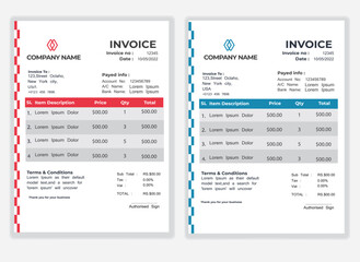 Business Minimal Corporate Invoice design template vector illustration bill form price . Creative template and stationery design payment agreement design template Cash Memo, Vector Quotation Design