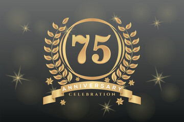 75th anniversary celebration background. Golden numbers with gold ribbon vector design abstract