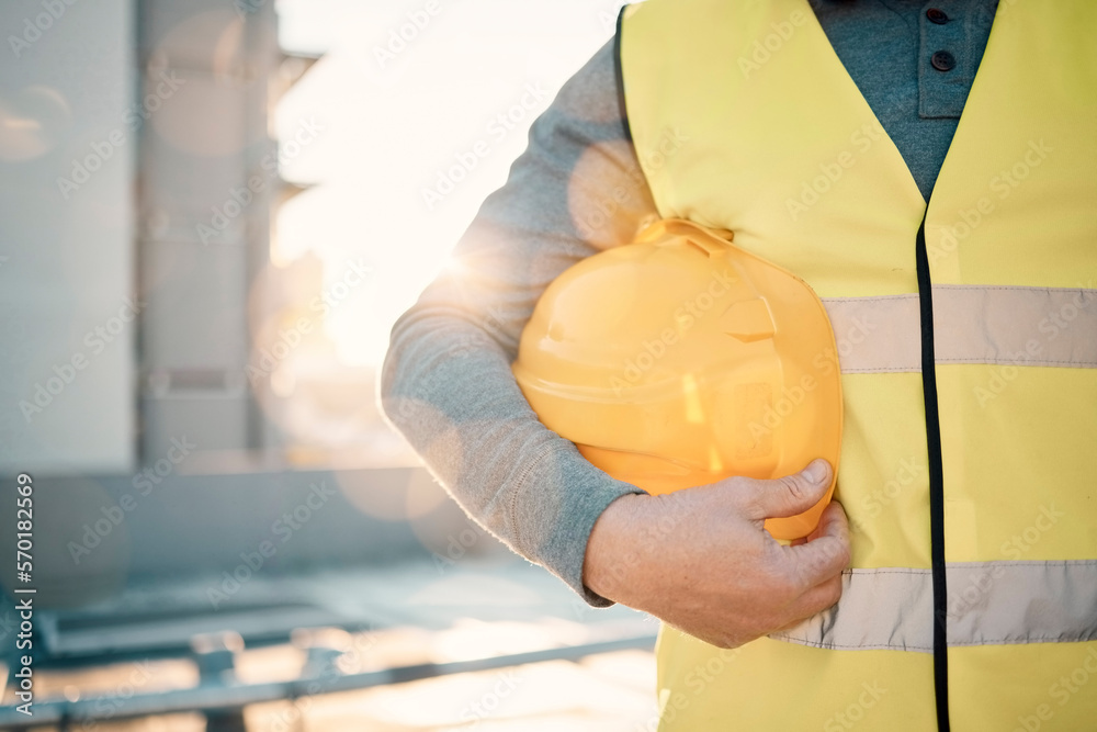Poster engineering, helmet and hands of construction worker in lens flare for urban development and archite