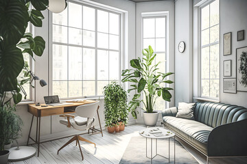 Fototapeta premium Bring Life to Your Home with this Modern and Minimalistic Living Room featuring Green Plants - Concept Design for Your Next Interior Decorating Project, Generative Ai