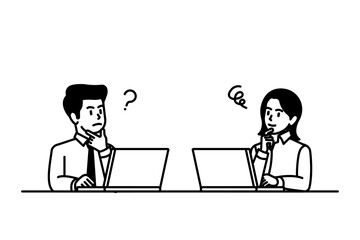 Illustration of a businessman who thinks remotely at work and a business woman who worries.