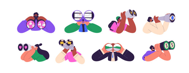 Characters holding binoculars in hands set. People looking, searching job, observing, watching, finding and discovering opportunities. Flat graphic vector illustrations isolated on white background