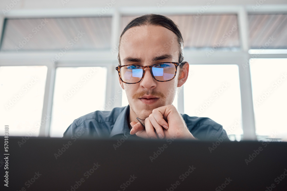 Poster internet, laptop and serious businessman in office for email, typing and creative, web design and id
