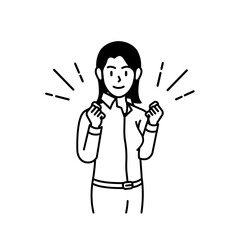 Cartoon illustration of a businesswoman clenching her fists in a cheerful and positive attitude