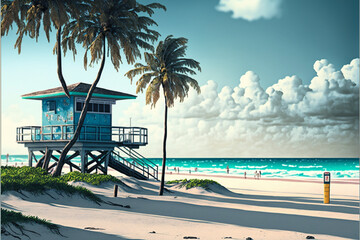 Obraz na płótnie Canvas lifeguard tower sitting on top of a sandy beach. generative ai.