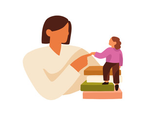 Teacher helping elementary school child in study. Educator supporting kid, developing with books. Knowledge, education, development concept. Flat vector illustration isolated on white background