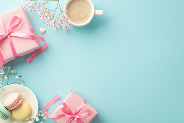 Spring concept. Top view photo of pink gift boxes with bows dish with macaroons cup of coffee small heart and gypsophila flowers on isolated pastel blue background with copyspace