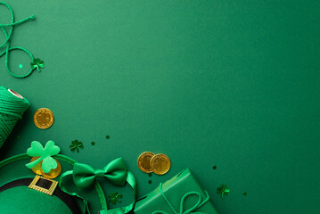 St Patrick's Day concept. Top view photo of leprechaun headwear giftbox with bow spool of twine...