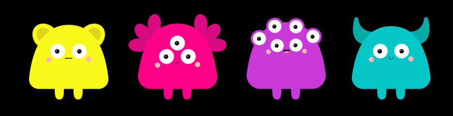 Happy Halloween. Monster set line. Cute head face. Colorful monsters. Cartoon kawaii scary funny character. Different emotion. Baby collection. T-shirt design. Black background. Flat design.