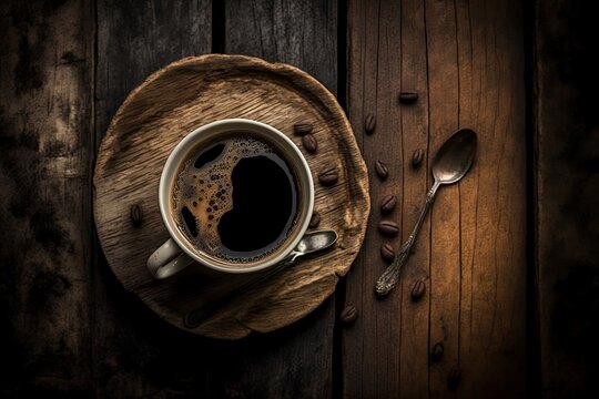 A cup of coffee on wooden background - AI generate