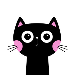 Obraz premium Cat face head silhouette icon. Black kitten. Pink cheeks. Funny kawaii doodle animal. Cute cartoon funny baby pet character. Sticker print. Flat design. White background. Isolated.