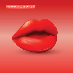 Red women's lips. Realistic 3d design In cartoon style. Vector illustration.
