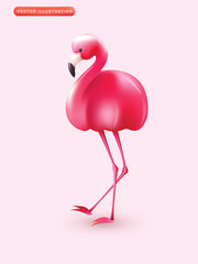 Cartoon 3d flamingo. Pink vector tropical exotic bird standing.