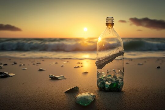 planetary environmental day. A plastic bottle is picked up by an activist on the sand. Up close. The sea and the setting sun are in the distance. from the bottom. the idea of scrubbing the coastal reg