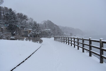 雪の山中湖畔