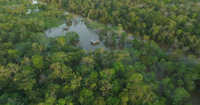 Aerial Shot Of Structures On River Amidst Tranquil Forest, Drone Flying Forward Over Green Trees - Manaus, Brazil